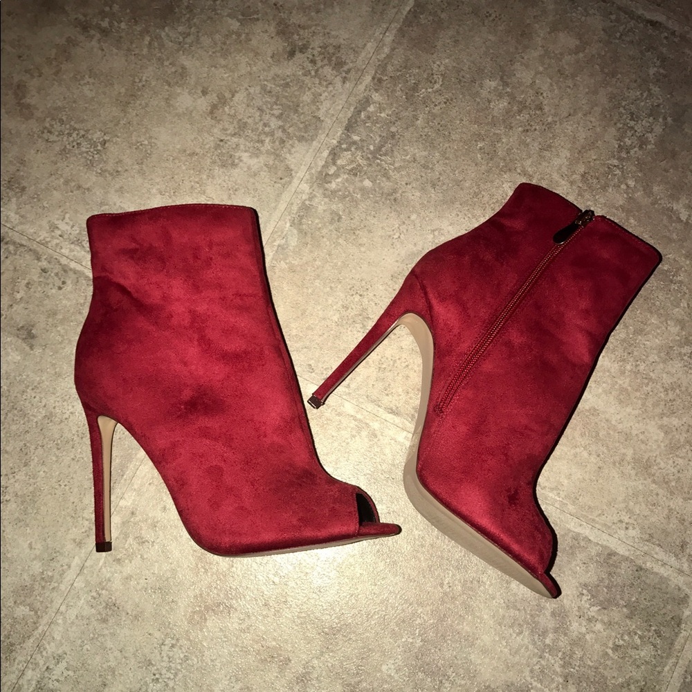 Red suede open toe heel boot