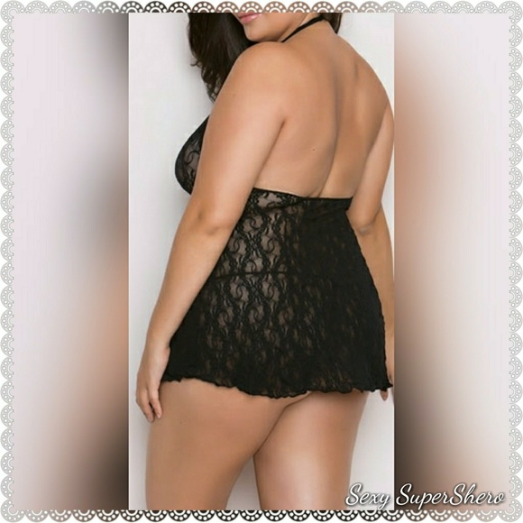 🆕Plus Lacey Sexy Halter Mini dress lingerie Black - Picture 2 of 8