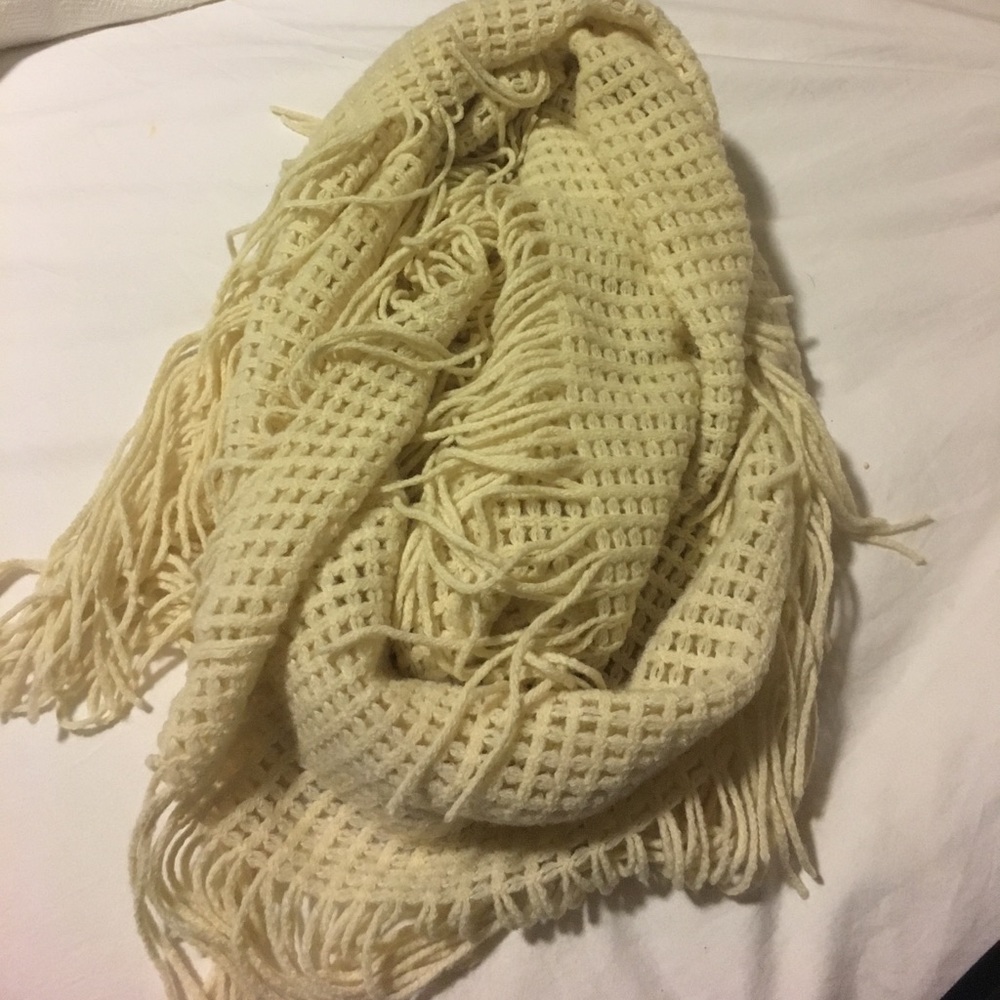Infinity fringe knit cream scarf