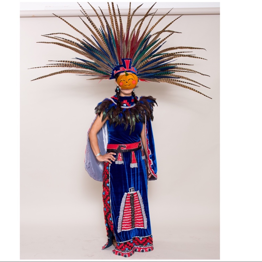 Custom handmade blue velvet Mayan Aztec costume