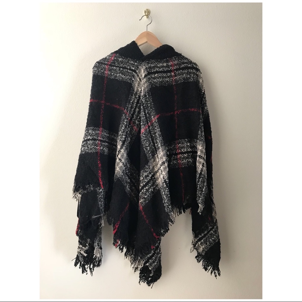 Plaid Poncho With Hoodie - Picture 2 of 7