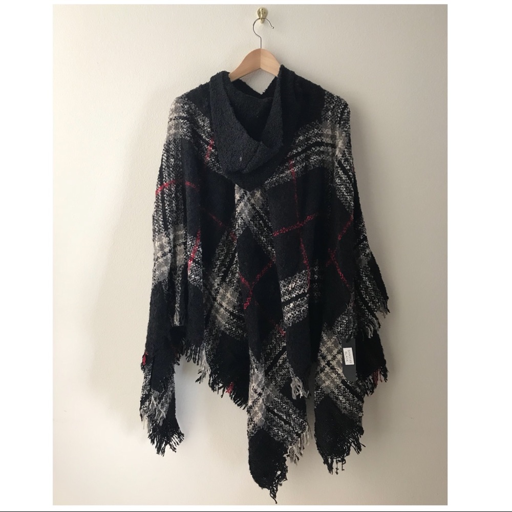 Plaid Poncho With Hoodie - Picture 3 of 7