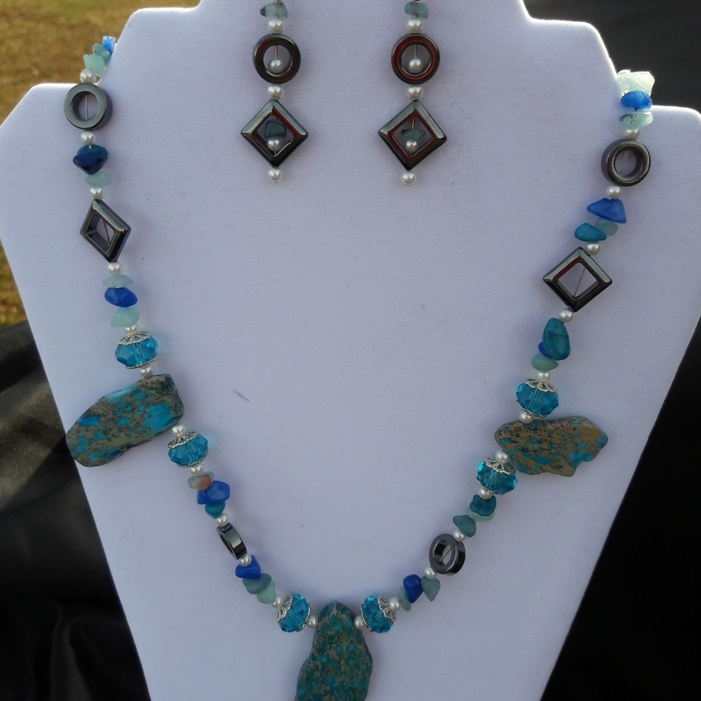 Handmade blue stone and glass necklace and earring