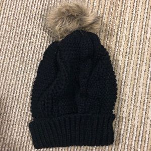 Black Knit Beanie with Fur Ball