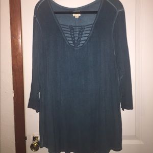 NWOT LONG SLEEVE CAGED NECK TEE SZ 3X TEAL