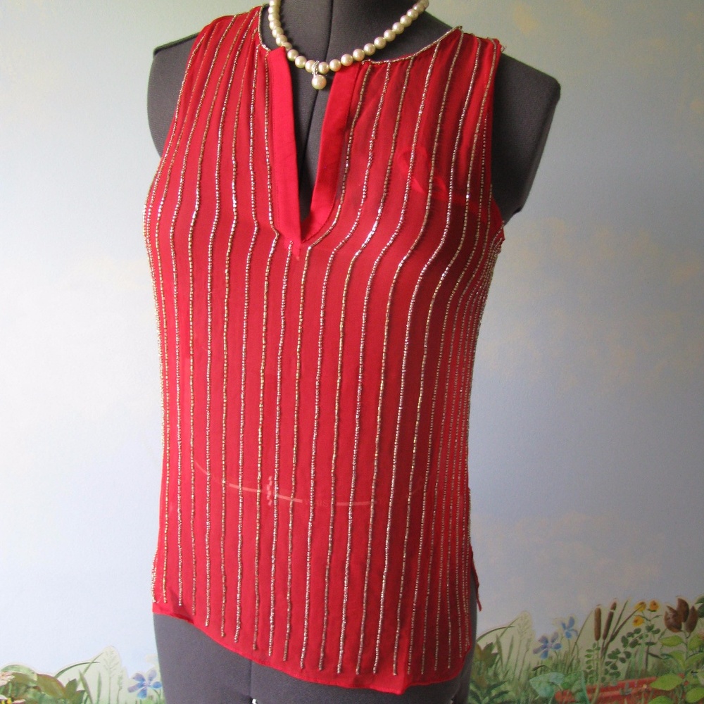 Parker Red Top Stripe Beaded Sequin Extra Small