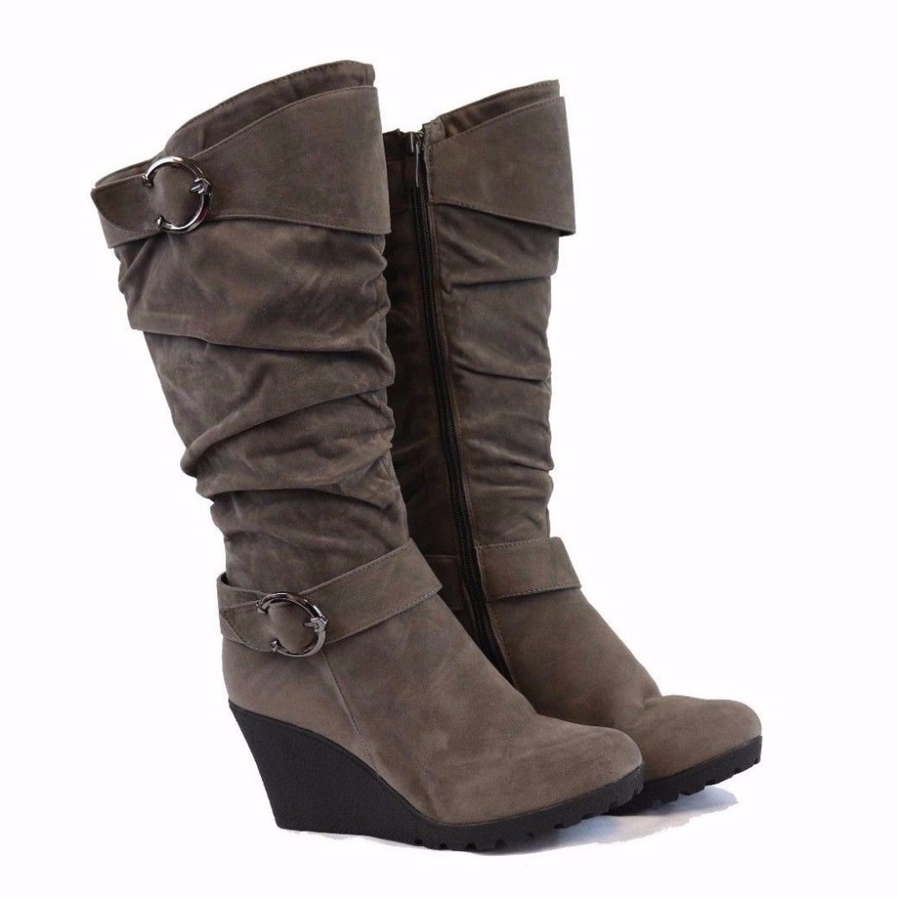 Gray Mid Calf Wedge Heel Faux Suede Slouch Boots