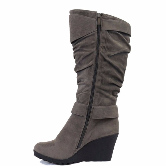 Gray Mid Calf Wedge Heel Faux Suede Slouch Boots - Picture 2 of 2