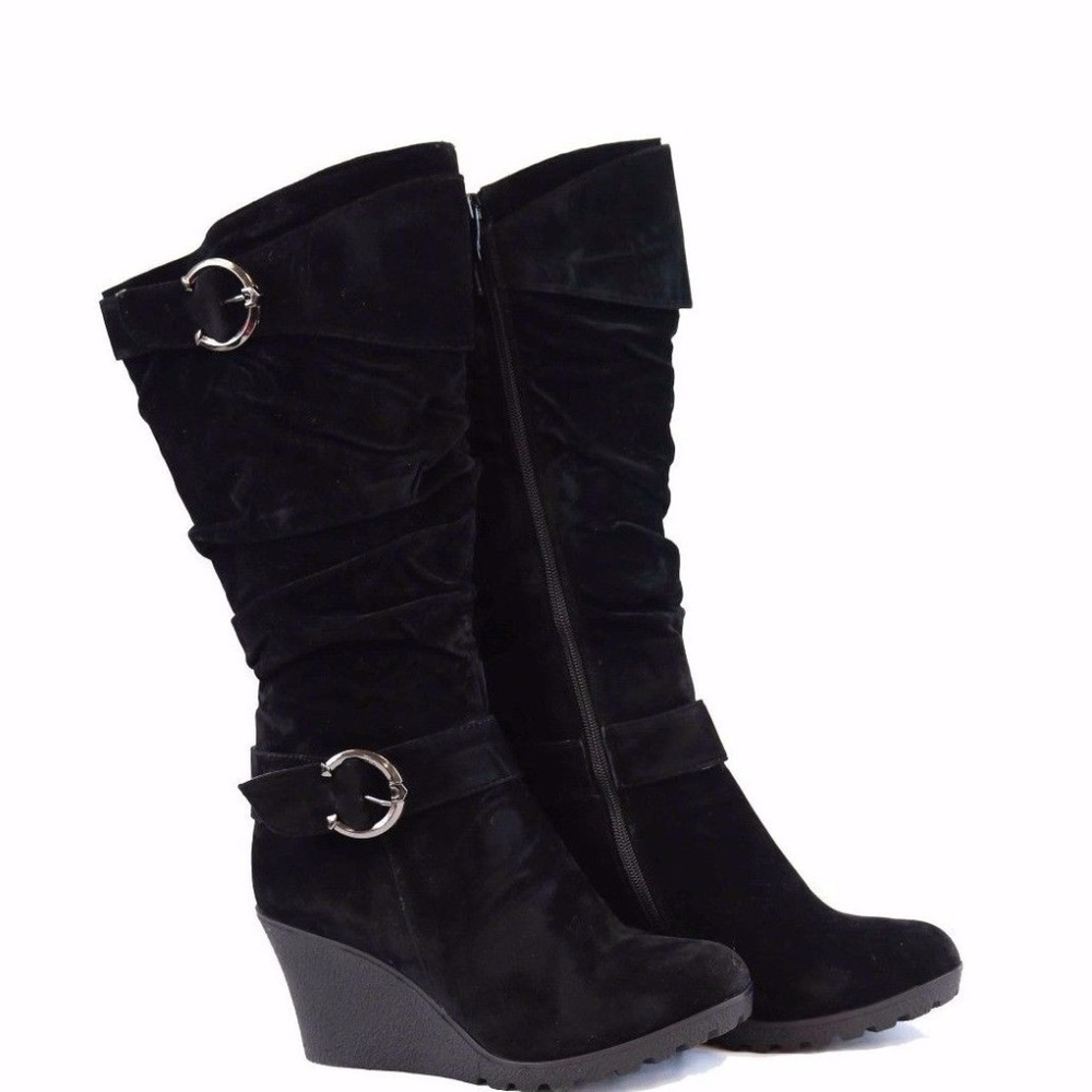 Black Mid Calf Wedge Heel Faux Suede Slouch Boots