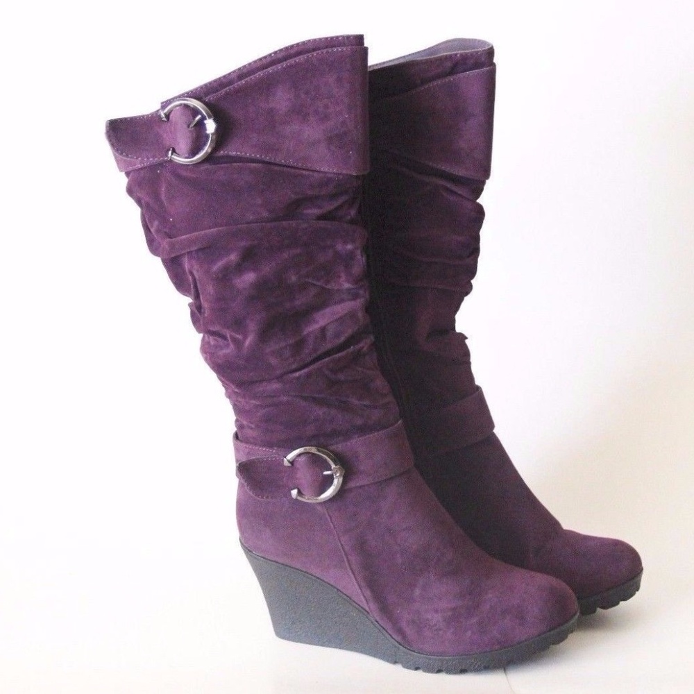 Purple Mid Calf Wedge Heel Faux Suede Slouch Boots