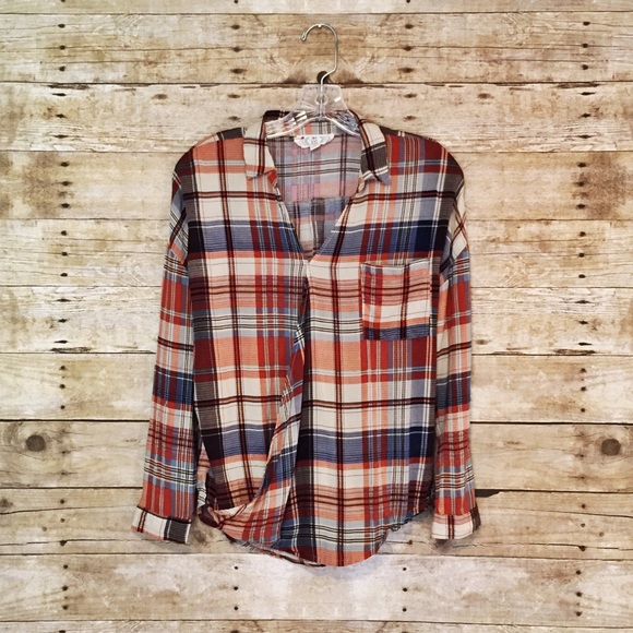 Pink Rose Tops - "Pink Rose" Plaid Surplice Collared V-neck Top (M)