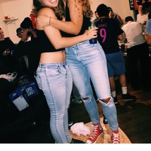 Knee Slit Light Wash High Waisted Denim Jeans