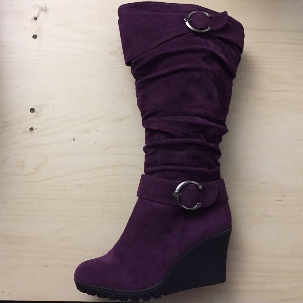 New Purple Faux Suede Wedge Heel Boot