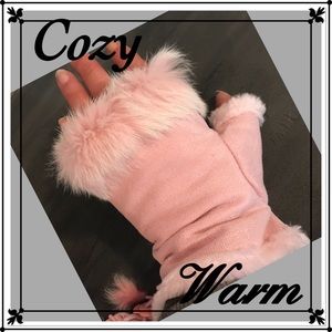 Pink real rabbit fur faux suede Hand warmers