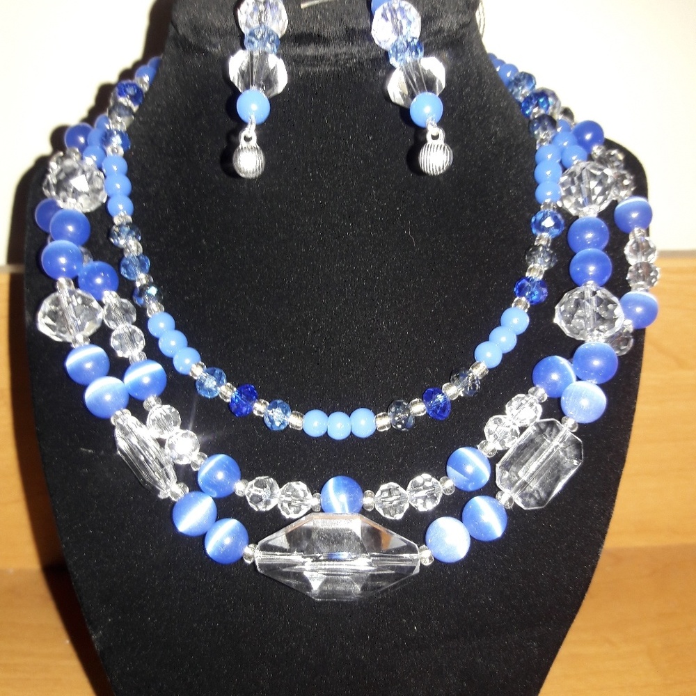 Handmade blue 3 strand necklace and earrings