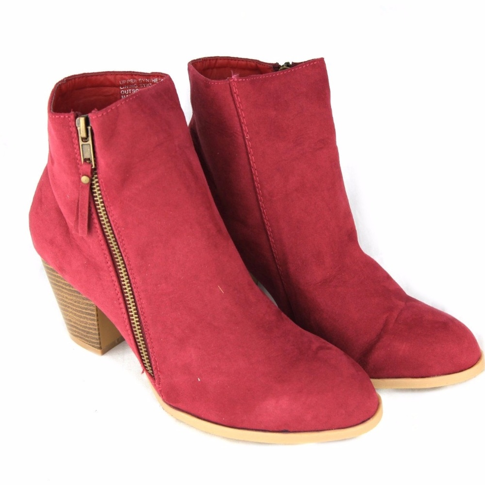 Burgundy Faux Suede Ankle Wedge Low Heel Booties
