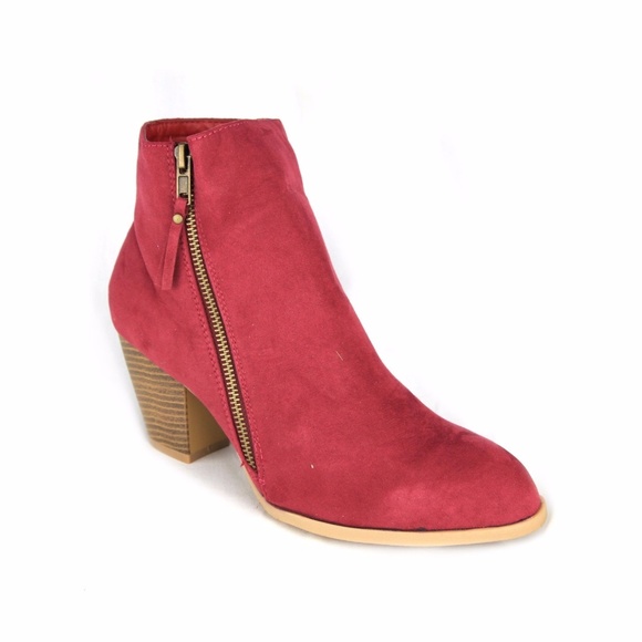 Burgundy Faux Suede Ankle Wedge Low Heel Booties - Picture 2 of 3