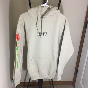white hoodie with chinese writing
