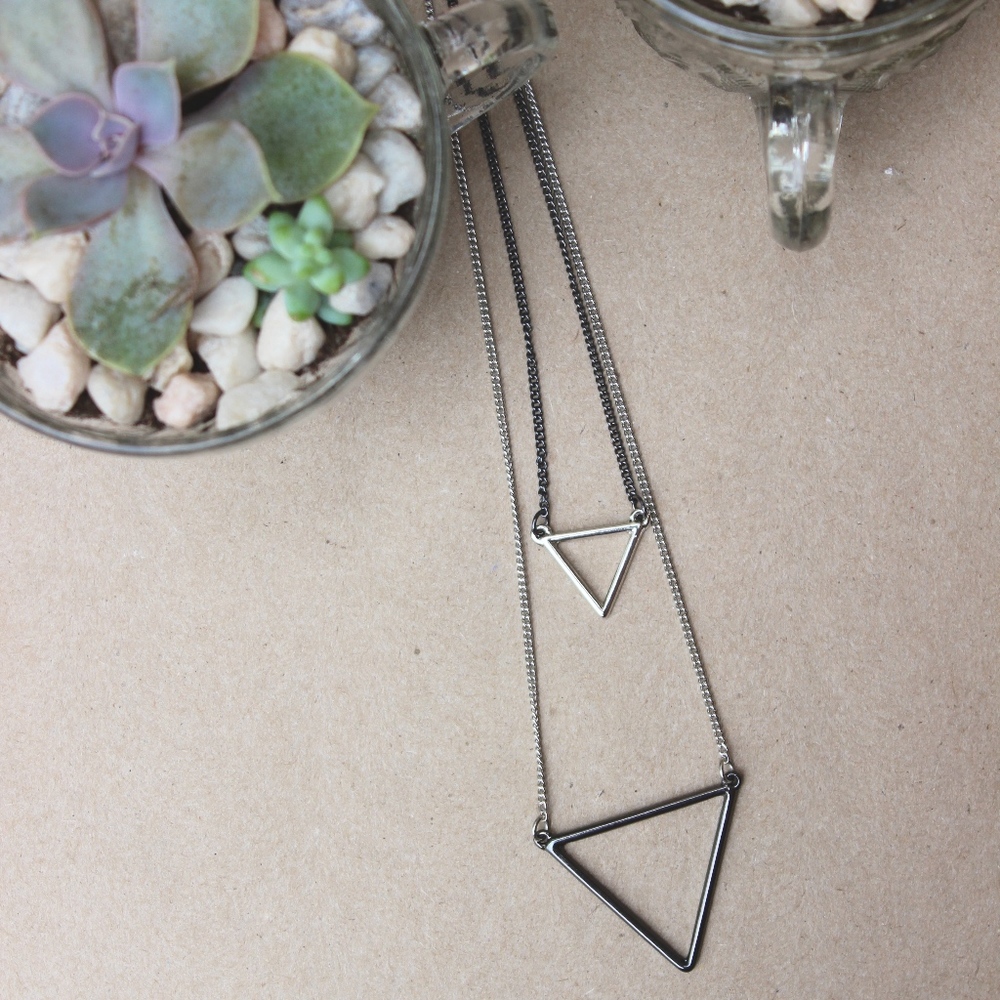 ☄Double Vision Gunmetal & Silver Triangle Necklace