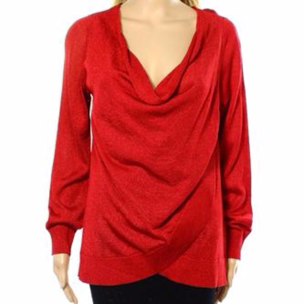 INC Real Red Drape Ribbed-Hem Metallic Knit Top