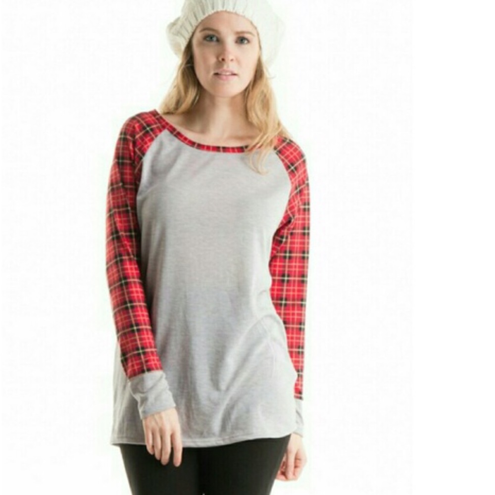 Red plaid and heather grey.
