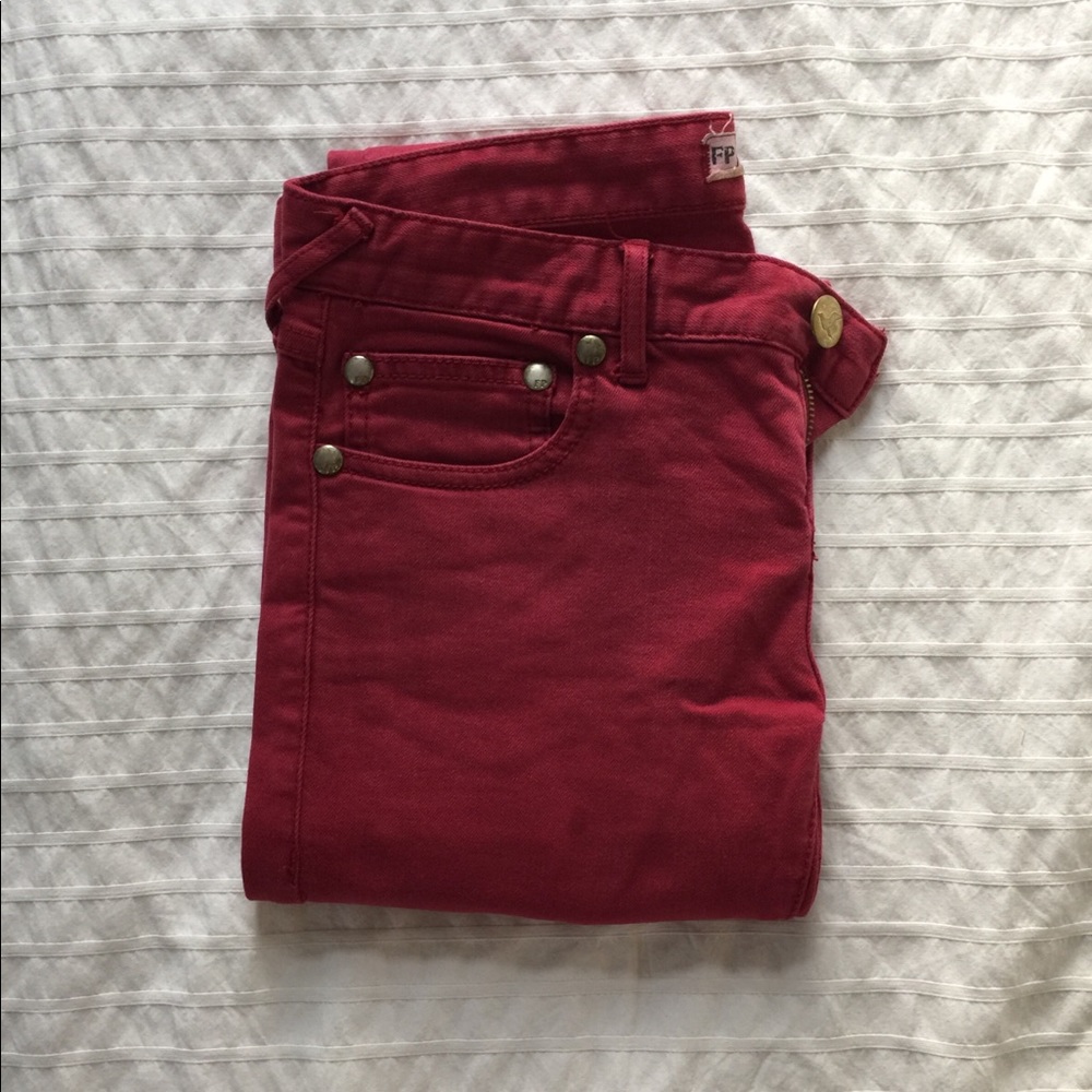 Free People red denim skinny ankle crop
