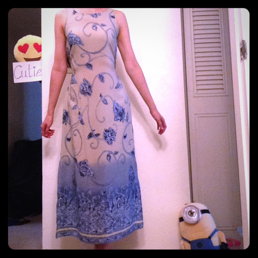 Olive Tan Dress with Blue Flowers, Sizes 4-7