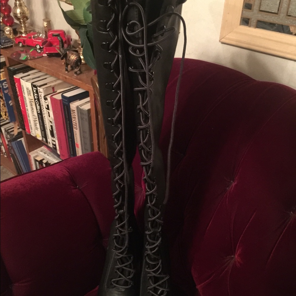 Pleaser . Thigh high stiletto boots 6" heel size 9