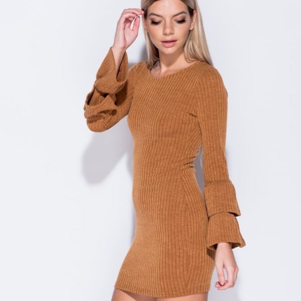 SALE! Rib Frill Sleeve Bodycon Mini Sweater Dress - Picture 7 of 8