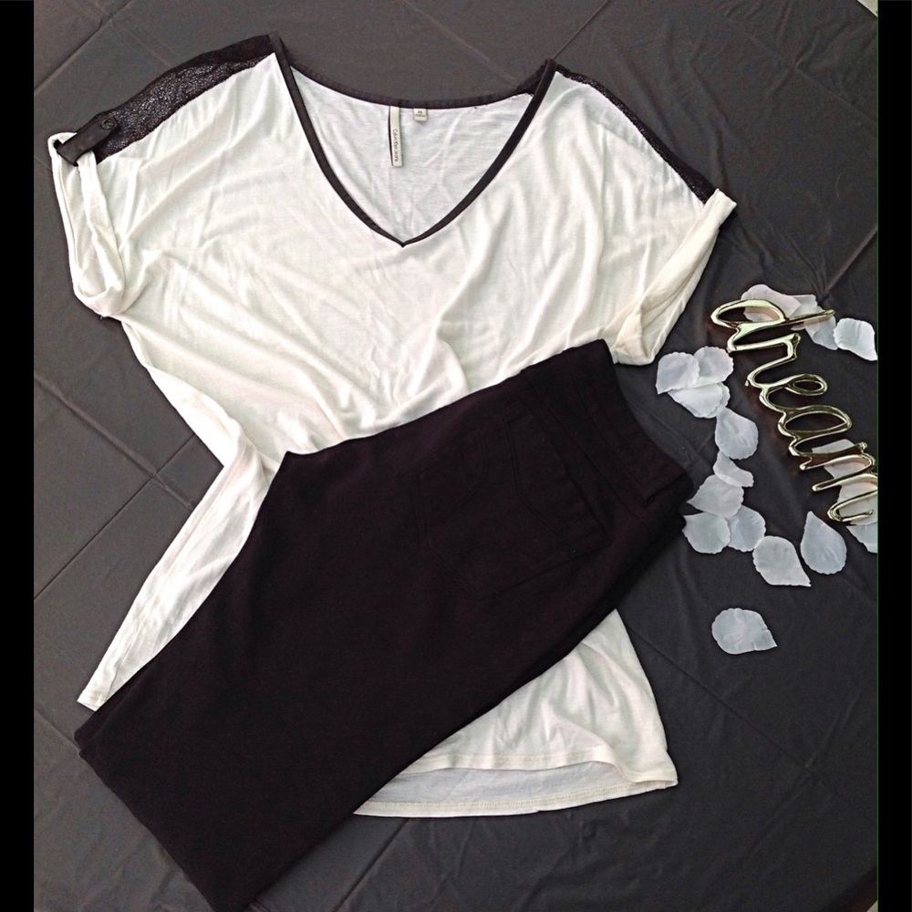 Cream V Neck - Detailed in Faux Leather & Lace