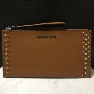 Brand NWT MK Brown/Silver Studded Lg Zip Wristlet