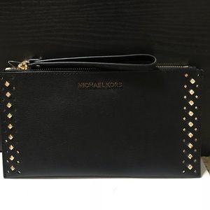 Brand NWT MK Black/Gold Studded Lg Zip Wristlet