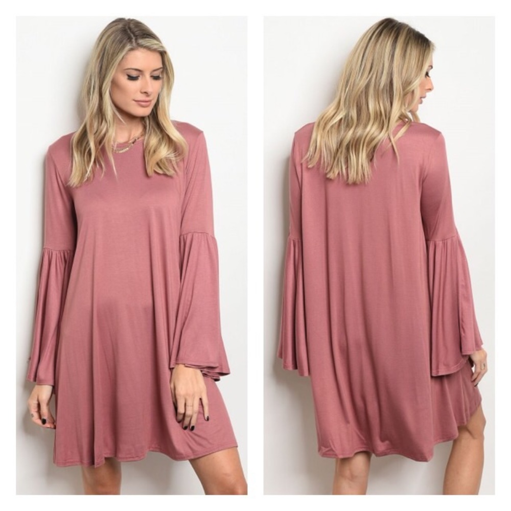 LAST ONE Mauve Long Bell Sleeve Flowy Dress - Picture 2 of 5
