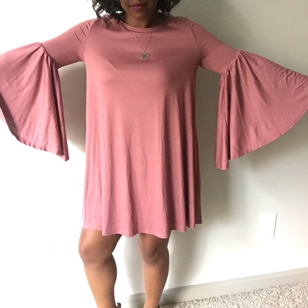 LAST ONE Mauve Long Bell Sleeve Flowy Dress - Picture 3 of 5