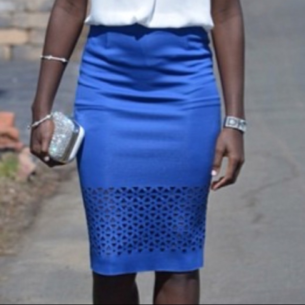Blue pencil skirt w/ cut out detail at the bottom