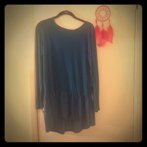 Teal long sleeve with silky ruffle drop hem