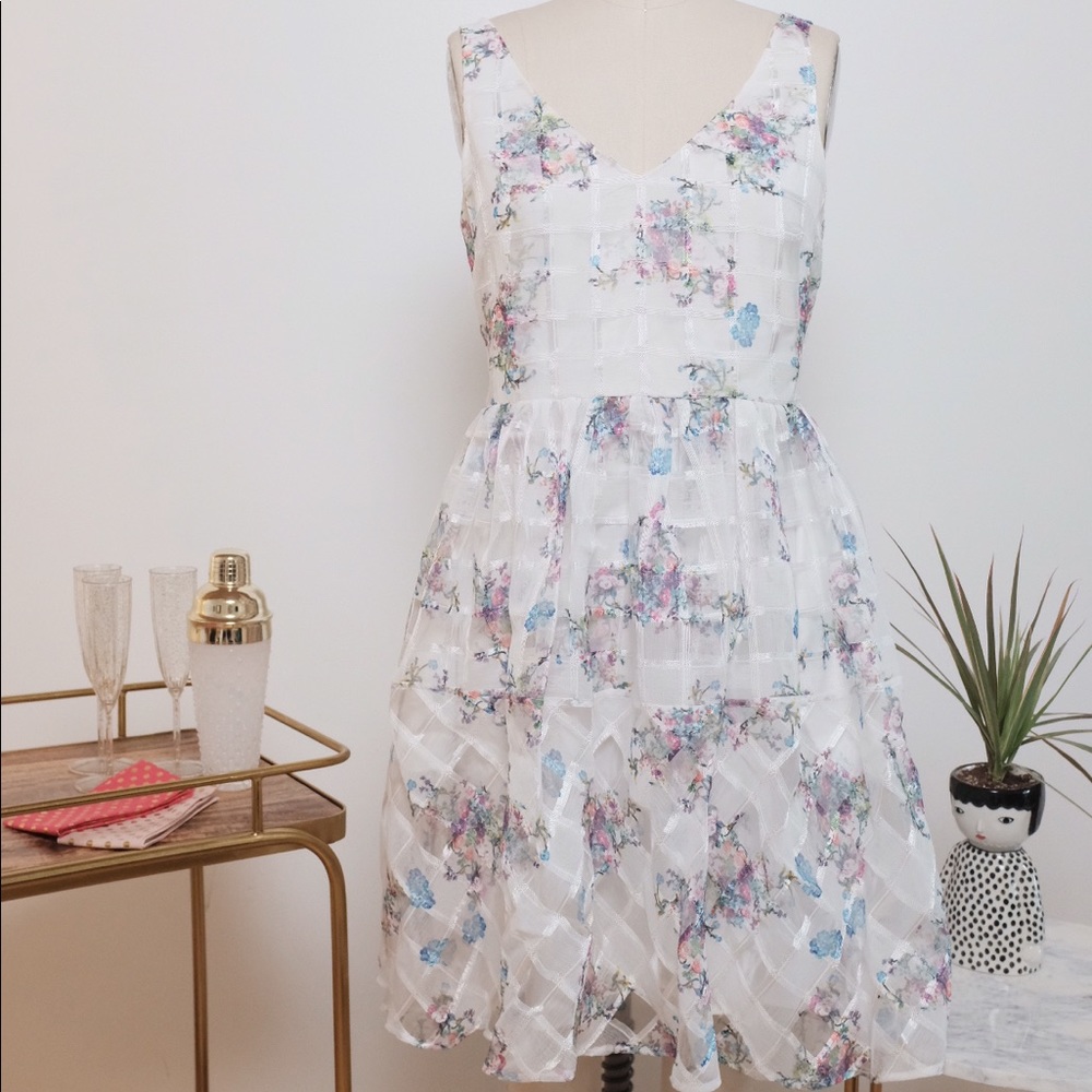 White windowpane and floral anthropologie dress