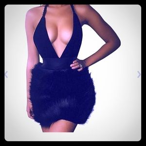 Sexy Black Halter Faux Fur Dress