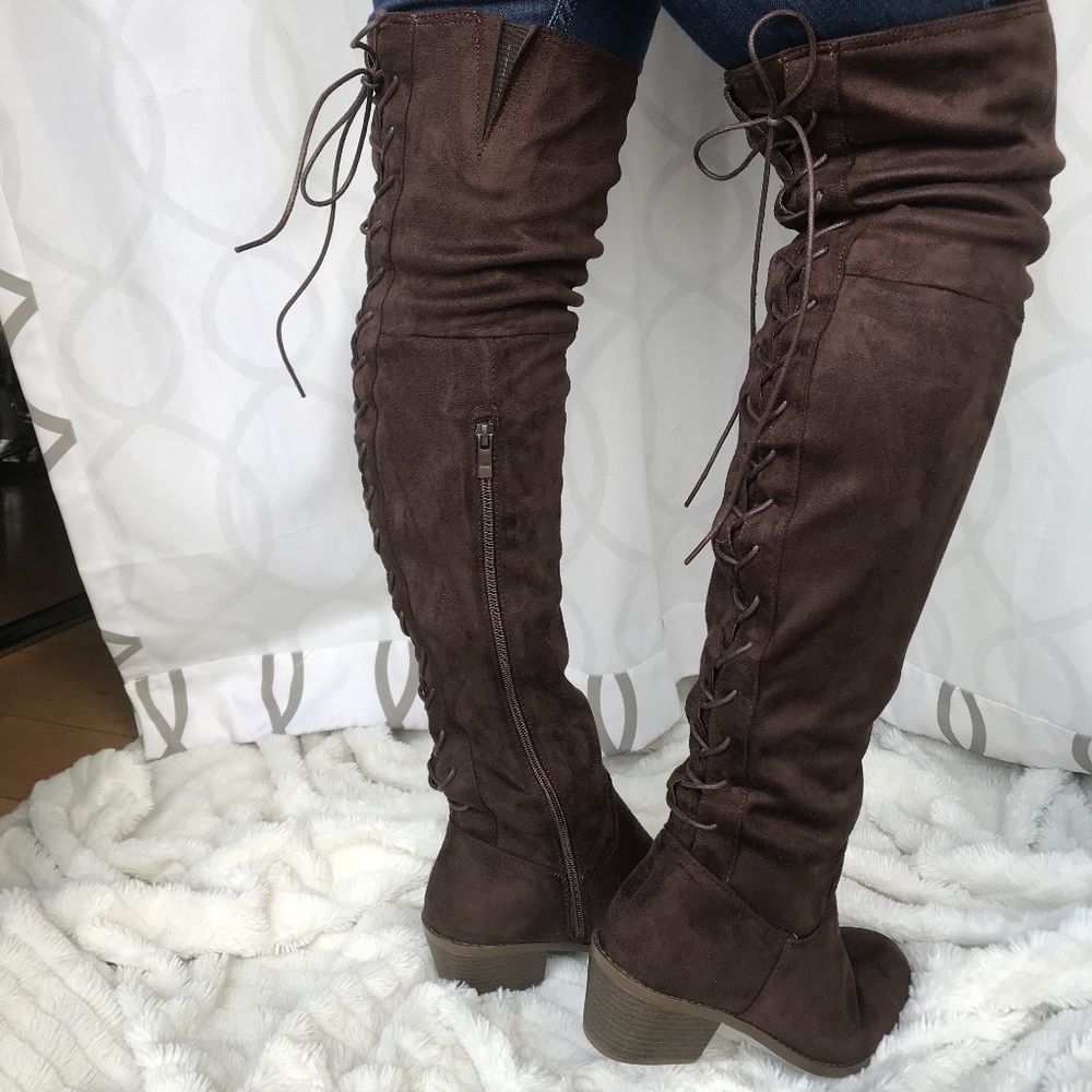 Women's OVER THE KNEE BROWN LACE UP SUEDE BOOTS!