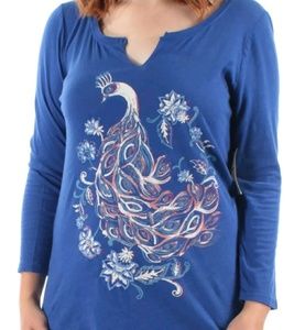 LUCK BRAND WOMEN'S BLUE PEACOCK EMBROIDERED TOP