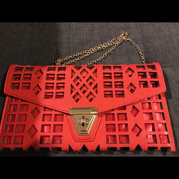 Handbags - Red  ornate clutch with gold chain strap