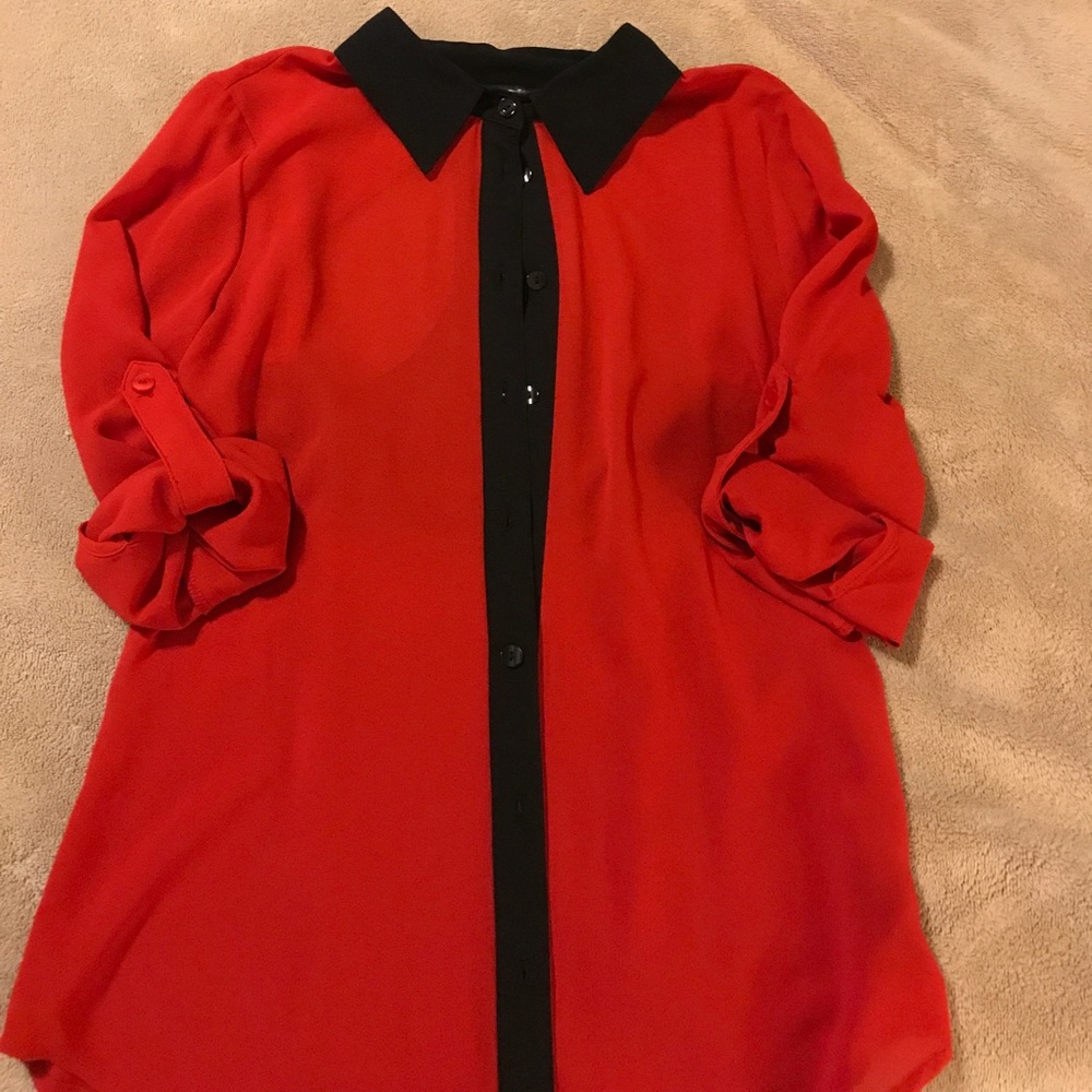 Red & black button down with lace & cutout on back