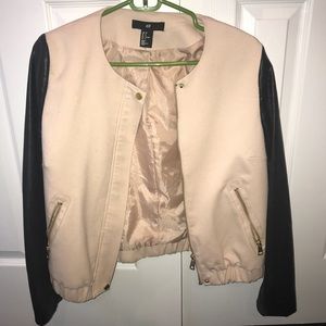 H&M pale pink bomber jacket with leather sleeves