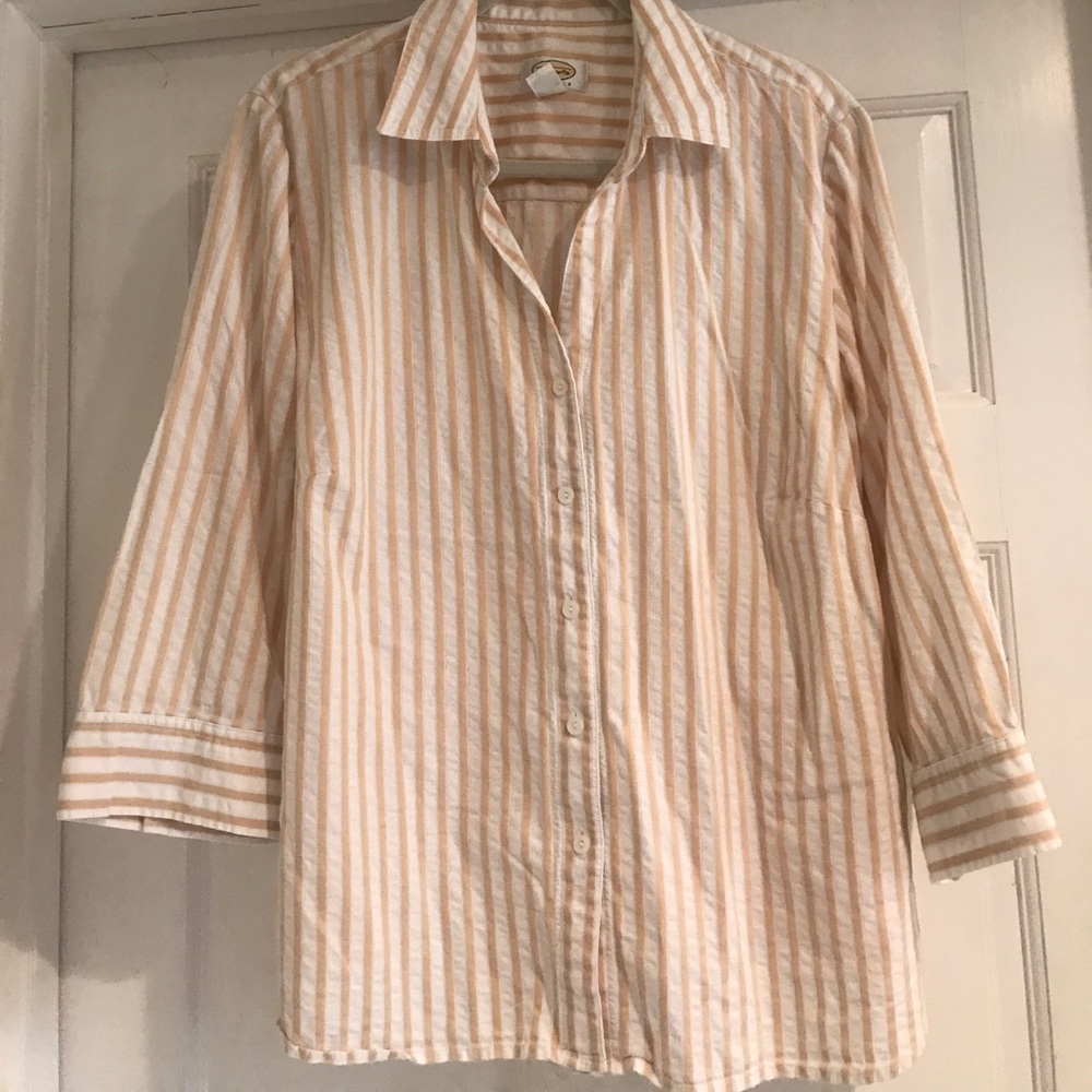 Tan and white striped blouse