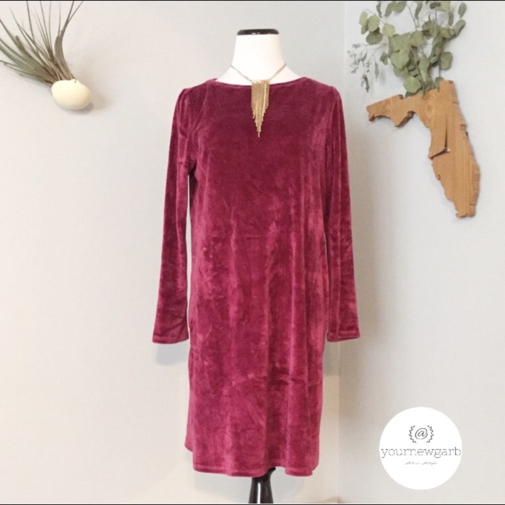 Pure Jill Long Sleeve Velour Red Burgundy Dress SP