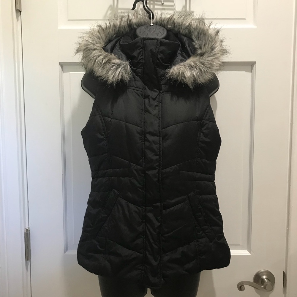 Black Peplum Puffer Vest with Detachable Fur Hood