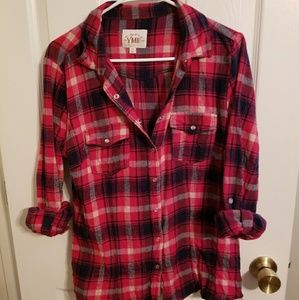 Red and navy plaid button down shirt