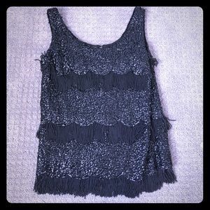 Black sequence top with fringe