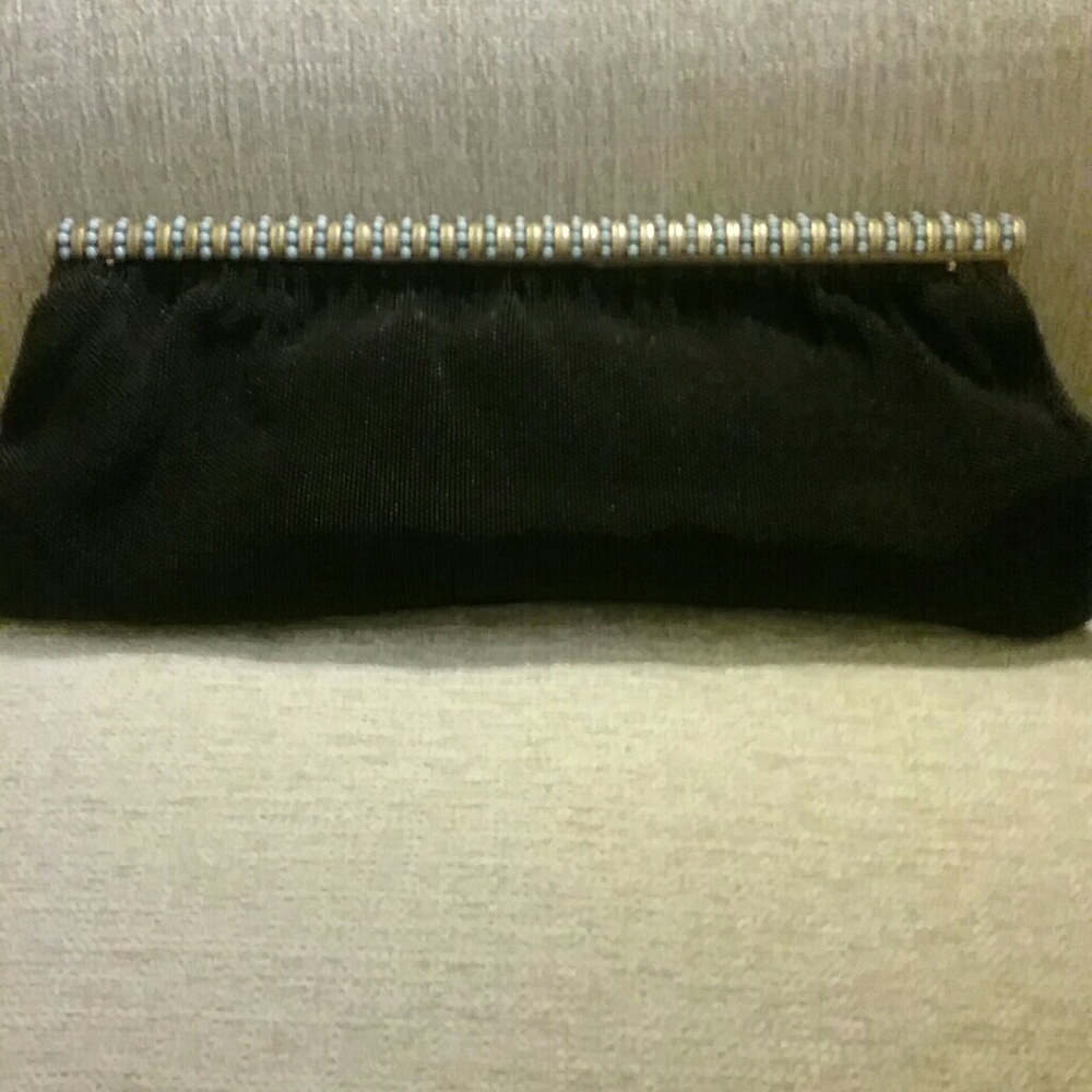Black hand beaded clutch with bronze and turquoise