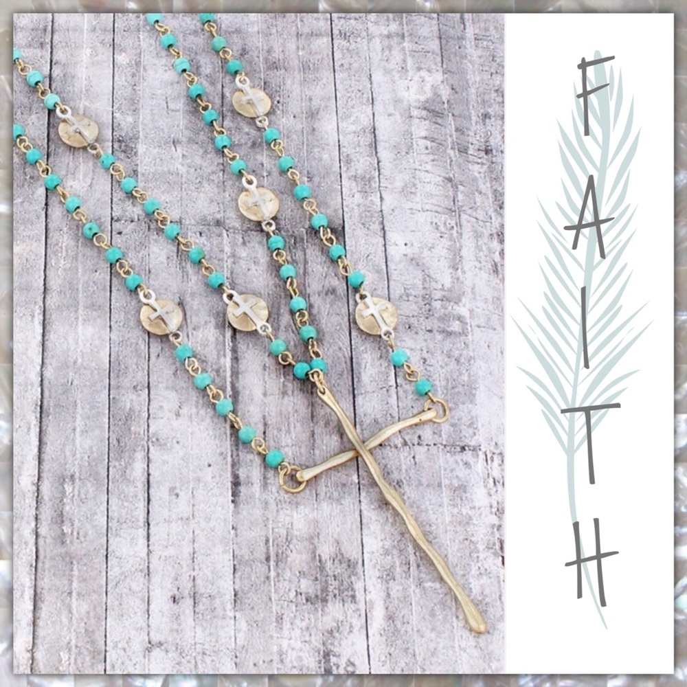 GOLD TONE & TURQUOISE BEAD CROSS NECKLACE FAITH